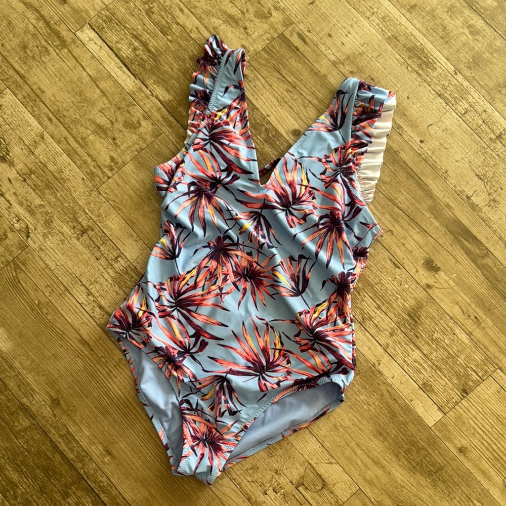 Jessica Simpson Pink and Blue One Piece Swimsuit with Ruffled Details